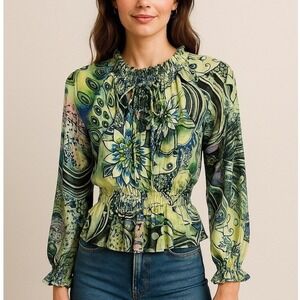 Mashada Sienna Rose Sheer Blouse Smocked Neck Floral Print Long Sleeve Small